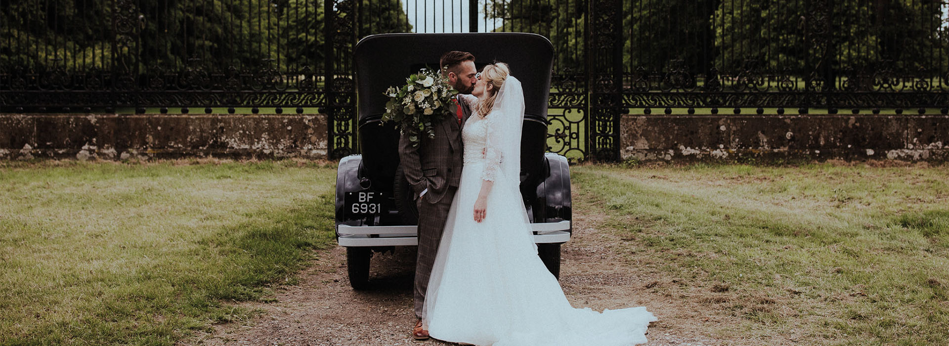 An outdoor image of a newly married couple.